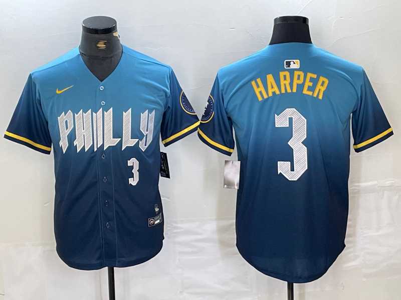 Men%27s Philadelphia Phillies #3 Bryce Harper Number Blue 2024 City Connect Limited Stitched Jersey